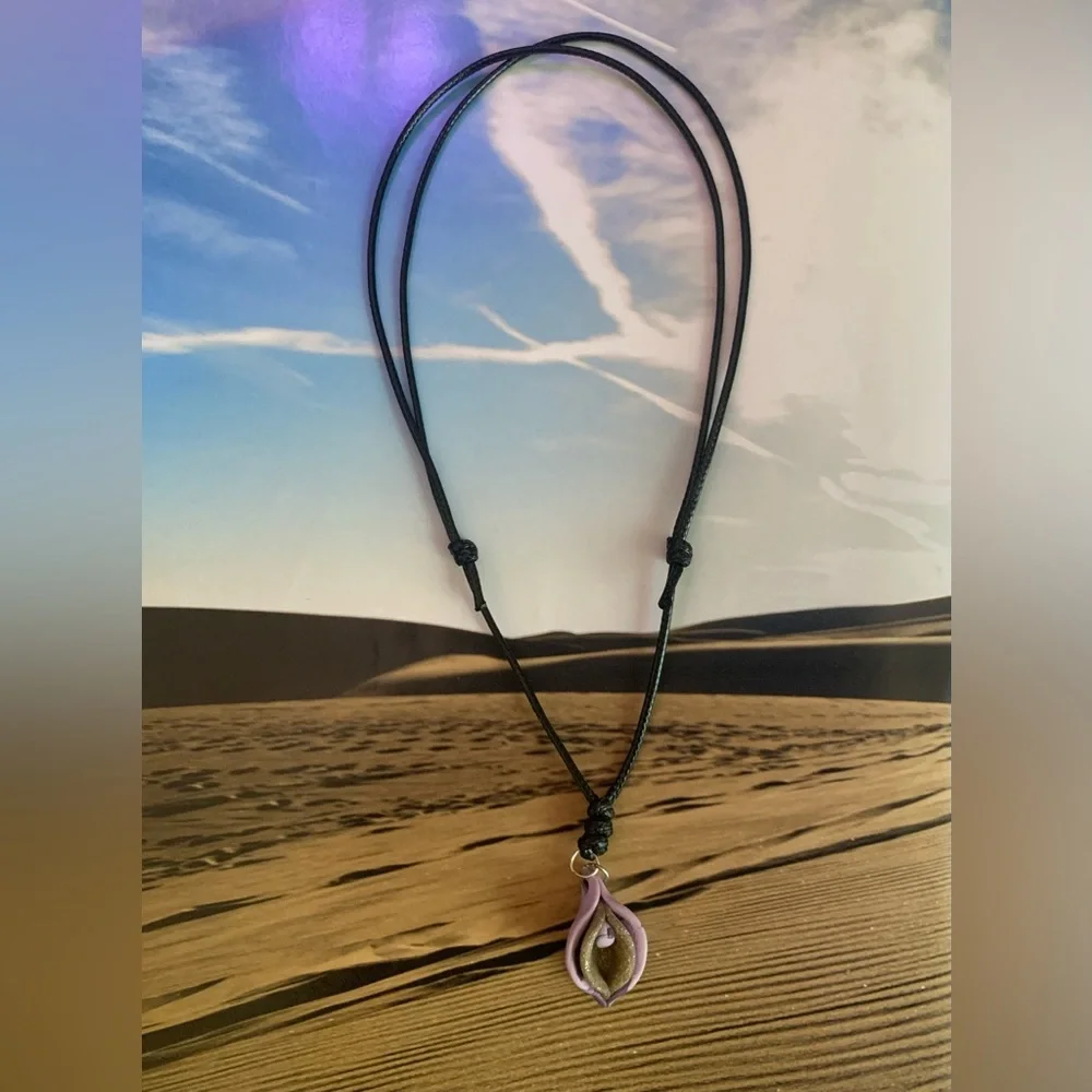 Sensual Floral Necklace Handmade Clay Pendant Adjustable Length Cord - Picture 6 of 12